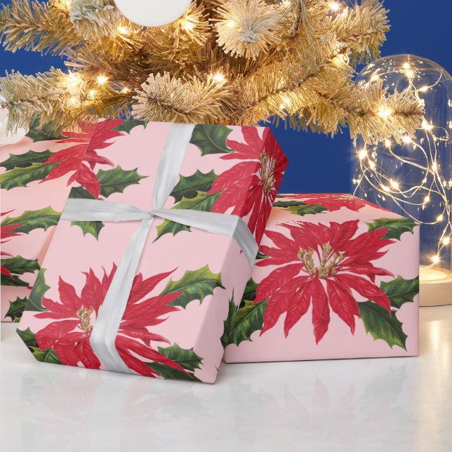 Elegant Vintage Poinsettia Christmas Flowers Pink Wrapping Paper (Holidays)