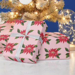 Elegant Vintage Poinsettia Christmas Flowers Pink Wrapping Paper