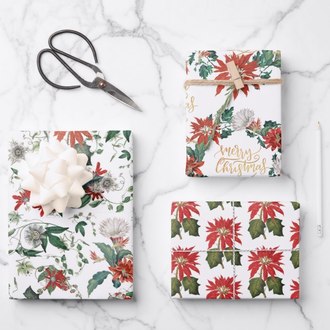 Elegant Vintage Poinsettia Christmas Flowers Wrapping Paper Sheet (Front)