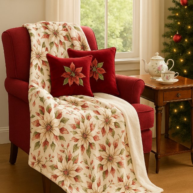 Elegant Vintage Poinsettia Winter  Fleece Blanket (Warm and cozy elegant poinsettia fleece blanket )