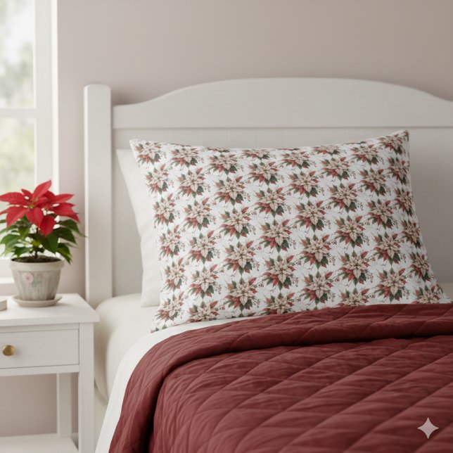 Elegant Vintage Poinsettia Winter  Pillowcase (elegant vintage poinsettia pillowcase. AI lifestyle mockup )