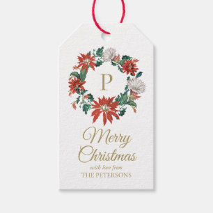Elegant Vintage Poinsettia Wreath Gold Name Gift Tags
