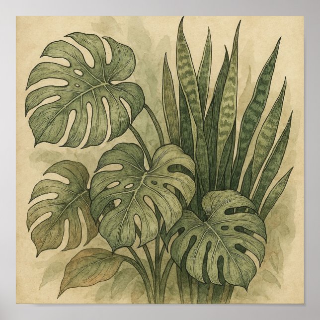 Elegant Vintage Poster of Monstera and Snake Plant (Front)