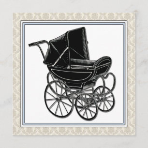 Elegant Vintage Pram Beige Damask Baby Shower Invitation