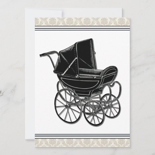 Elegant Vintage Pram Beige Damask Baby Shower Invitation (Front)