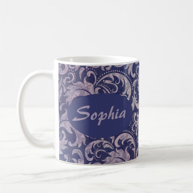 Elegant Vintage Purple Damask Pattern Coffee Mug (Left)