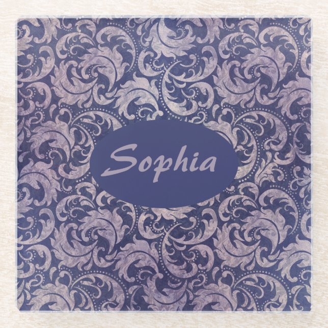 Elegant Vintage Purple Damask Pattern Glass Coaster (Front)