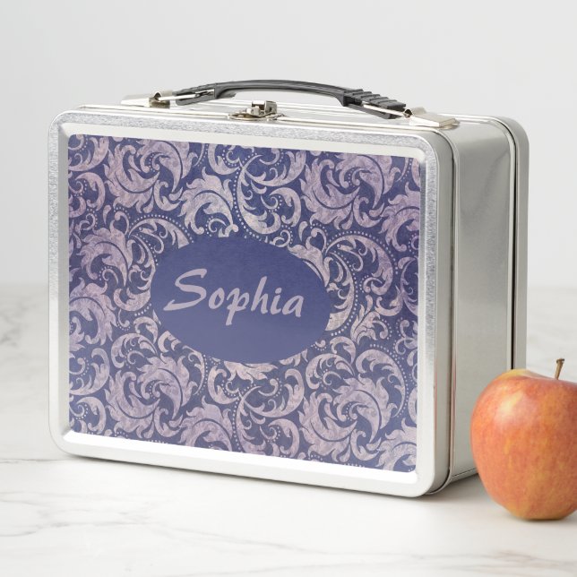 Elegant Vintage Purple Damask Pattern Metal Lunch Box (In Situ)