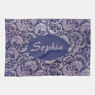 Elegant Vintage Purple Damask Pattern Tea Towel