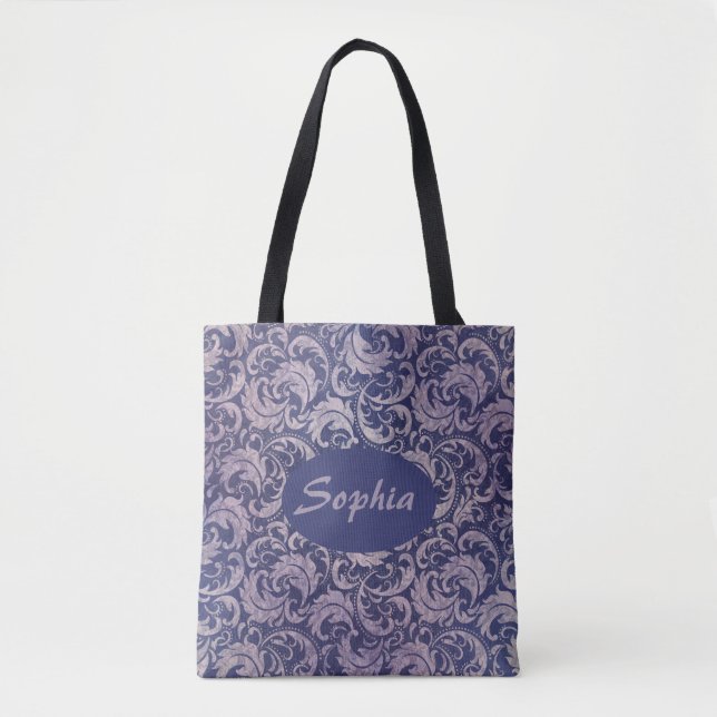 Elegant Vintage Purple Damask Pattern Tote Bag (Front)