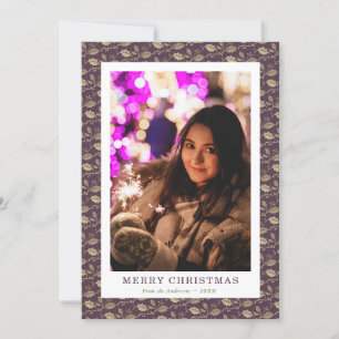 Elegant Vintage Purple Gold Holly Photo Christmas Holiday Card