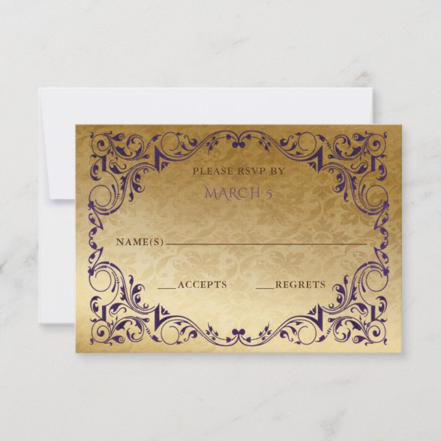 Elegant Vintage Purple Gold  RSVP Card (Front)