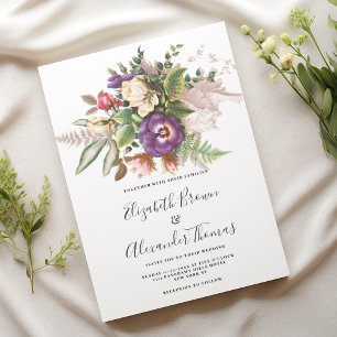 Elegant vintage purple ivory green floral wedding invitation
