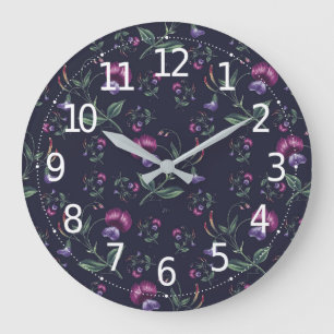 Elegant Vintage Purple Orchids Floral Pattern   Large Clock