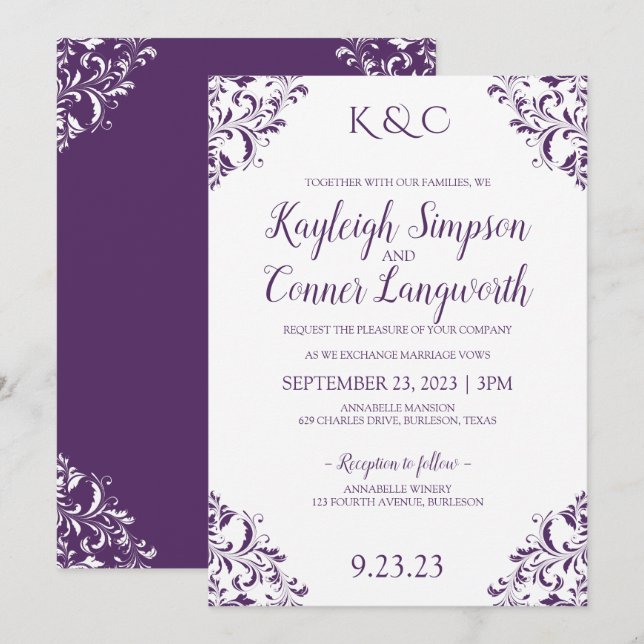 Elegant Vintage Purple (Plum) Wedding Invitations (Front/Back)