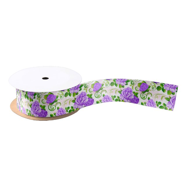 Elegant Vintage Purple Roses White Background Satin Ribbon (Spool)