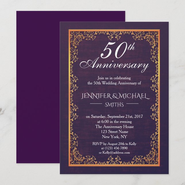 Elegant Vintage Purple Wedding Anniversary Invite (Front/Back)