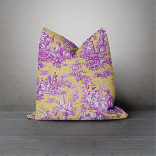 Elegant vintage purple yellow toile de jouy cushion