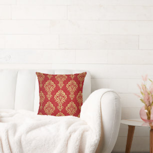 Elegant Vintage Red and Gold Royal Damask Pattern Cushion