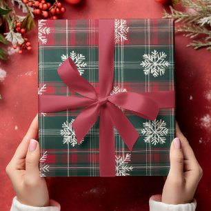 Elegant Vintage Red and Green Snowflakes Wrapping Paper