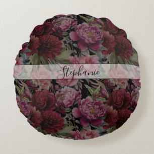 Elegant Vintage Red and Pink Floral Monogram Round Cushion