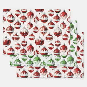 Elegant Vintage Red and White Christmas Ornaments Wrapping Paper Sheet