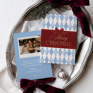 Elegant Vintage Red Bow Blue Christmas Photo Holiday Card