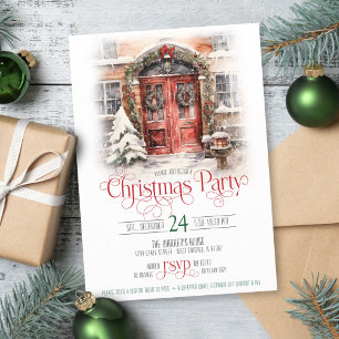 Elegant Vintage Red Door Merry Christmas Party Invitation