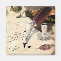 Elegant vintage red feather quill pen and inkwell
