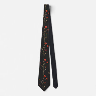Elegant Vintage Red Floral Branch on Black Tie