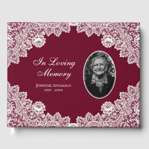Elegant Vintage Red Floral Lace Funeral Photo Guest Book