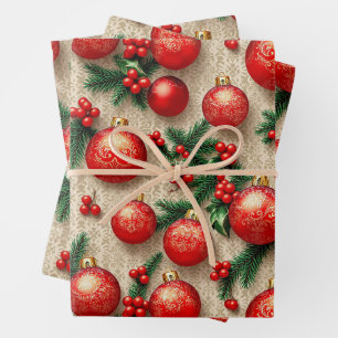 Elegant Vintage Red Gold Christmas Ornaments Holly Wrapping Paper Sheet