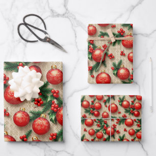 Elegant Vintage Red Gold Christmas Ornaments Holly Wrapping Paper Sheet