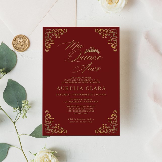 Elegant Vintage Red Gold Mis Quince Quinceañera Invitation (Creator Uploaded)