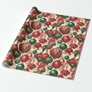 Elegant Vintage Red Green Christmas Baubles Beige Wrapping Paper