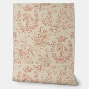 Elegant Vintage Red Grey Equestrian Toile Wallpaper