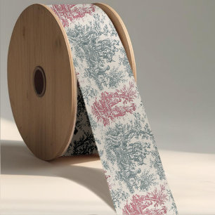Elegant Vintage Red Grey Toile de Jouy Ribbon Moti Satin Ribbon