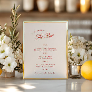 Elegant Vintage Red & Ivory Wedding Bar Menu