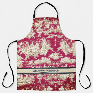 Elegant vintage red lake toile de jouy monogram apron