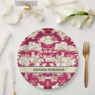 Elegant vintage red lake toile de jouy monogram paper plate