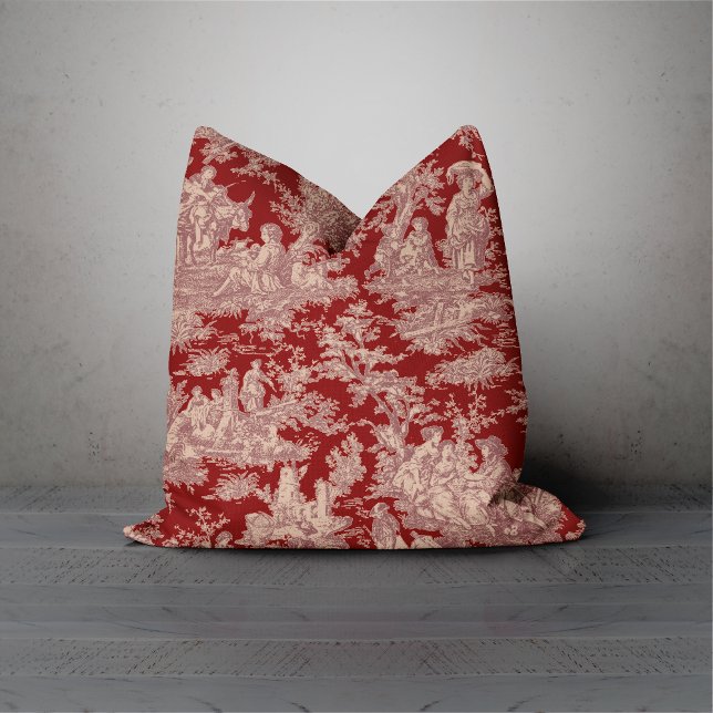 Elegant vintage red pink toile de jouy cushion (Creator Uploaded)