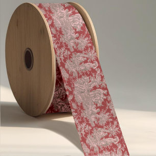 Elegant Vintage Red Pink Toile de Jouy Design Satin Ribbon