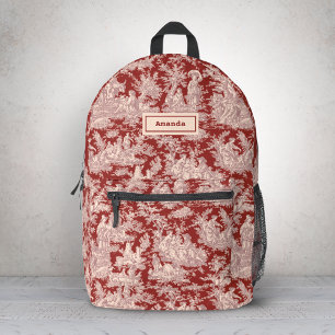 Elegant Vintage Red Pink Toile de Jouy Monogram Printed Backpack