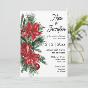 elegant vintage red poinsettia and pine wedding invitation