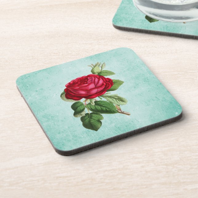 Elegant Vintage Red Rose Illustration Coaster (Left Side)
