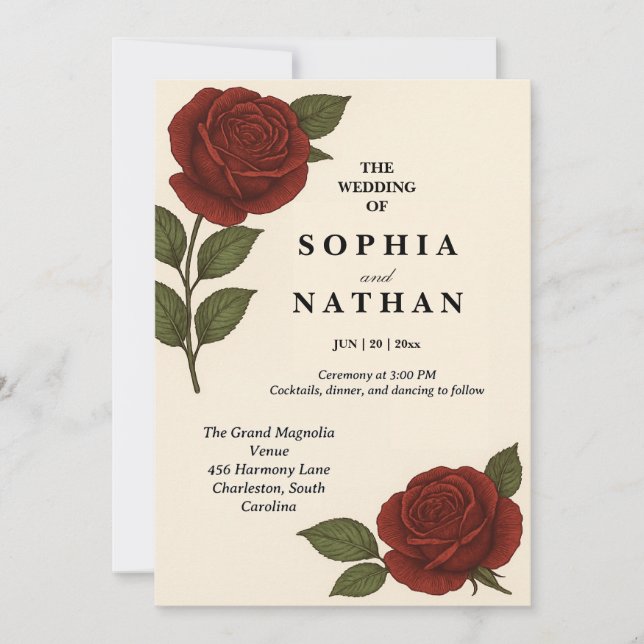 Elegant Vintage Red Rose Wedding Invitation (Front)