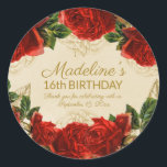 Elegant Vintage Red Roses 16th Birthday   Classic Round Sticker<br><div class="desc">Envelope seal or gift/favour stickers designed with elegant, vintage red roses and greenery on a champagne/tan-coloured background. Personalised for a teen girl's 16th birthday party. Includes her name, party date, and "Thank you for celebrating with us." Text is fully customisable, so this sticker can be designed for any occasion and...</div>
