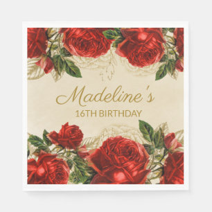 Elegant Vintage Red Roses 16th Birthday Napkin