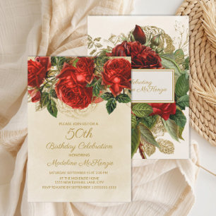 Elegant Vintage Red Roses 50th Birthday Invitation