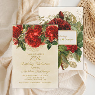 Elegant Vintage Red Roses 75th Birthday Invitation